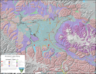 Map showing one of the possible extents (pale green) of ancient Lake Atna