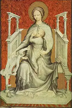 Madonna by André Beauneveu from one of the Duke of Berry's manuscripts, with a richly populated grisaille background, c. 1402