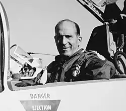 A black-and-white photograph of Salas in a North American F-86 Sabre