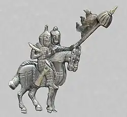 Anikova dish, two horsemen with banner, Semirechye, c. 800 CE design.[17]