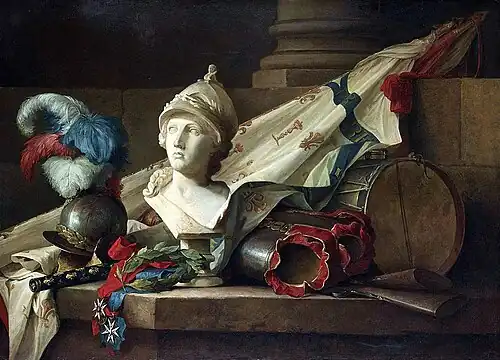 A Bust of Minerva with Armour and Weapons on a Stone Ledge by Anne Vallayer-Coster