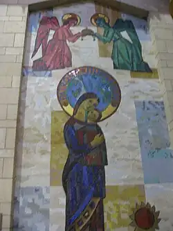 A red and a green angel holding the Holy Crown of Hungary above Patrona Hungariae a.k.a. Mary, mother of Jesus