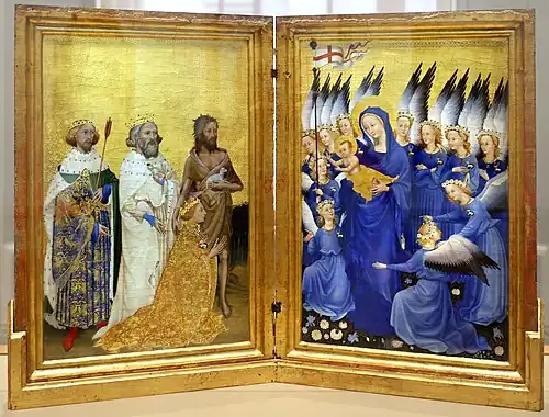 The Wilton Diptych; c. 1395–1459; tempera and gold on panel; 53 × 37&nbsp;cm; National Gallery (London)[145]