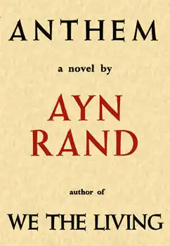 Against a tan background, serif text reading "ANTHEM [line break] a novel by [line break] AYN [line break] RAND [line break] author of [line break] WE THE LIVING". "Ayn Rand" is in red text; the rest is in black text.