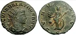 coin of Vaballathus. the obverse depicting the head of a man wearing a crown. the reverse depicts a goddess. inscriptions on both sides