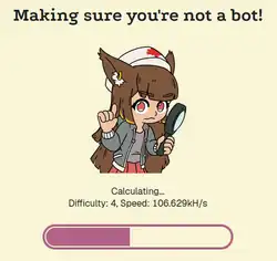 Screenshot reading "Making sure you're not a bot!". Below the text is a drawing of the Anubis mascot and a progress bar. Anubis is depicted as a long-haired anime girl with a magnifying glass and a raised index finger. She has large canine ears and is wearing a hoodie, a skirt and a cap with the Canadian maple leaf. Additional text: "Calculating... Difficulty: 4, Speed: 106.629kH/s"