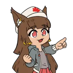 The Anubis mascot drawn from the waist up, facing left of the viewer, smiles and points ahead of her. She has large pink-ish eyes and a slightly cleft upper lip. Her brown hair flows out of the frame and has gold-tipped bangs. She has fluffy jackal ears with one gold earring and a white cap with the Canadian maple leaf on it. Her gray hoodie is unzipped over a gray shirt and a pink skirt.
