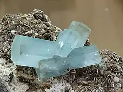 Aquamarine crystals on muscovite