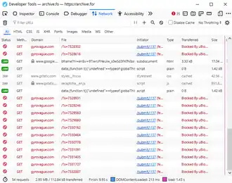Screenshot of LibreWolf's developer tools on the "Network" tab, with multiple automated connections to "gyrovague.com" made by a JavaScript script (all of them are blocked by uBlock Origin browser extension)