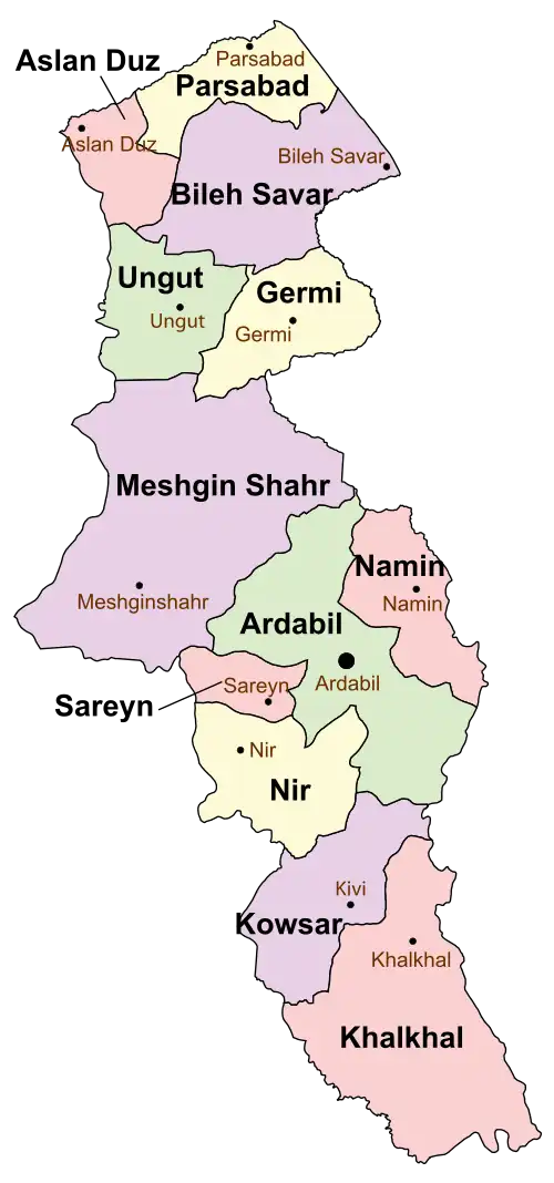 Location of Ardabil County in&nbsp;Ardabil&nbsp;province (center, green)