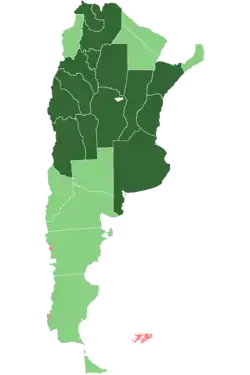In dark green: provinces; in light green: national territories; in red: disputed territories.
