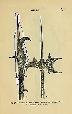 Weapons in a French museum, illustrating differing name usage between languages. Left: A weapon called a fauchard, resembling a bill. Right: An ornate crescent-bladed halberd labelled "partisan".