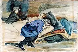 Watercolour in blues, greys and beiges, showing children and a woman crying around a woman lying down