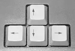 A cluster of four square keyboard keys in an inverted-T arrangement marked with up, left, down, and right arrows.