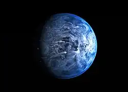 Artist's impression of HD 189733b, depicting a blue gas giant with white cloud tops streaking horizontally away from the tidally-locked planet's subsolar point. This exoplanet has numerous observed and theorized weather conditions, including variations in the escape speed of atmospheric hydrogen, 2 km/s winds in a jet around its equator, and rains of molten glass.