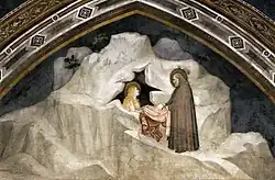 Fresco The Hermit Zosimus Giving a Cloak to Magdalene (1320s) by Giotto in the Magdalene Chapel in the Lower Basilica of Saint Francis of Assisi. Although the title and chapel are dedicated to Mary Magdalene, the story of Zosimus giving his cloak is from the hagiography of Mary of Egypt.