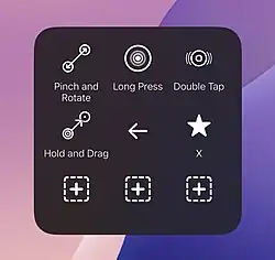 AssistiveTouch menu on iOS showing gesture controls including Pinch and Rotate, Hold and Drag, Long Press, Double Tap, and placeholders for additional actions.
