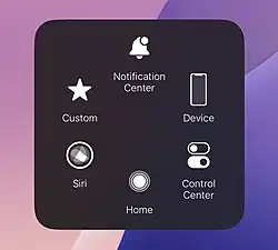 AssistiveTouch menu on iOS showing options for Custom gestures, Notification Center, Device controls, Siri, Home, and Control Center.