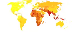 Asthma deaths per million persons in 2012 &nbsp;&nbsp;0–10 &nbsp;&nbsp;11–13 &nbsp;&nbsp;14–17 &nbsp;&nbsp;18–23 &nbsp;&nbsp;24–32 &nbsp;&nbsp;33–43 &nbsp;&nbsp;44–50 &nbsp;&nbsp;51–66 &nbsp;&nbsp;67–95 &nbsp;&nbsp;96–251