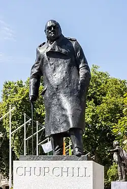 The statue of Winston Churchill, on the north-east corner of Parliament Square