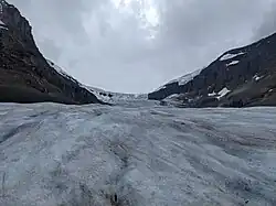 Close-up view of the Athabasca Glacier, showing the intricate topography. The three "steps" of the glacier are clear, as well as the many crevasses that can make traversing the glacier a challenge.