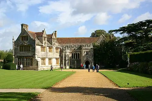 The front façade of Athelhampton Hall with its garden