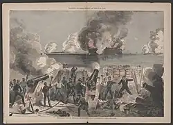 Illustration of a battle scene showing the inside of a fortification with soldiers and the back of two large cannons. The cannons are firing at a fortification across the water in the distance which is surrounded by smoke and fire.