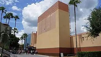 One of the hub's facade towers that doubly conceals the 7.1 surround sound audio speakers and acts as a projection surface during the show