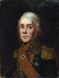 An older Aboville, in military dress uniform he wears a sash and military decorations including his Commander of the Legion of Honour and Commander of the Royal and Military Order of Saint-Louis.