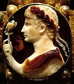 Sardonyx cameo depicting Augustus wearing a laurel wreath and holding an aquila standard