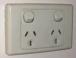 Australasian switched three-pin (10&nbsp;A) dual socket outlet, the most commonly found variant