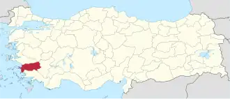 Aydın highlighted in red on a beige political map of Turkeym