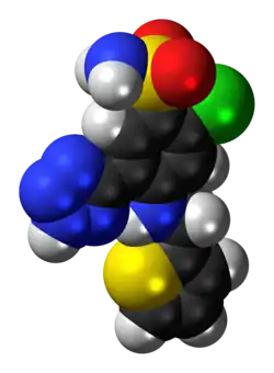 Space-filling model of the azosemide molecule