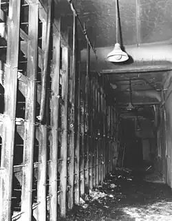 A large, burnt-out filter plenum