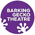 Purple circle with text "Barking Gecko Theatre" in white above two white footprints of a Gecko