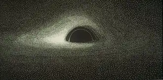 A black and white image of a black hole with an accretion disk on punch cards. The black hole is visible as a black semicircle in the center with a white ring overlaid. Around it, a bright white accretion disk wraps around the top and bottom of the black hole and to its sides, appearing brightest on the left side of the black hole.