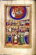 Page from an English Book of Hours (c. 1500), with three differentiated human figures for the Trinity