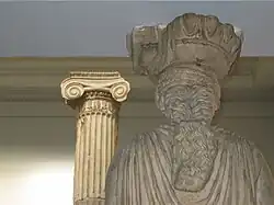 Room 19 – Caryatid and Ionian column from the Erechtheion, Acropolis of Athens, Greece, 420–415 BC