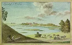 Lake, which was drained, was located near Seja manor. Drawing by Johann Christoph Brotze in 1794