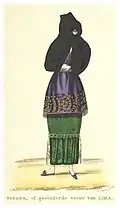 A colored illustration of a tapada limeña wearing a black veil that covers her face except for one eye, a purple shawl with floral embroidery, and a long green skirt.