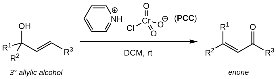 Substrate is tertiary allylic alcohol. Undefined functional groups that share a carbon with the hydroxyl group are depicted as R1 and R2. R3 designates an undefined alkenic functional group. Reagents are pyridinium chlorochromate, solvent is dichloromethane, and reaction is ran at room temperature. Product is enone.