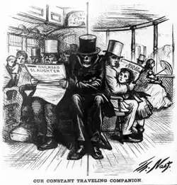 After a major train wreck in Revere, Massachusetts, Nast drew this cartoon of the "Our Constant Traveling Companion" aka Grim Reaper 16 September 1871 due to the frequent occurrence of fatal steamboat and railroad accidents