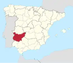 Map of Spain with the province of Badajoz highlighted