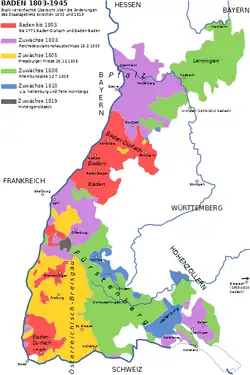 In red, the Margraviate in 1801; later gains as Grand Duchy in other colours