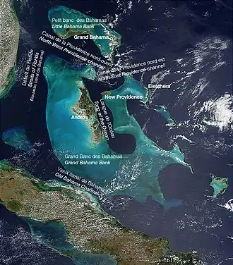Aerial view of The Bahamas with Cuba to the South. Old Bahama Channel is labeled between Cuba and the Bahamian island of Andros.