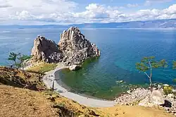 Image 5The Shamanka Шаманка&nbsp;[ru], a holy rock in Shamanism and one of the nine holiest places in Asia, on the westcoast of Olkhon (from List of islands of Russia)