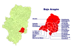 Location of Bajo Aragón in Aragón and location of the municipalities in Bajo Aragón.