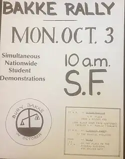 a flyer informing the public of a rally against Bakke set for October 3, 1977 in San Francisco. There is a logo, showing tilted scales of justice and the legend, "Bury Bakke in October".