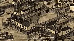 A bird's eye view map, showing an island enclosed by various piers and warehouses labeled OCEAN DOCK and CITY DOCK