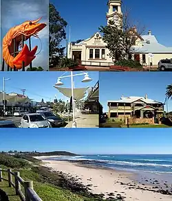 Clockwise from top left: The Big Prawn, Ballina Court House, Ballina Manor, Shelly Beach, River Street Mall
